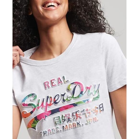 SuperDry Womens Short Sleeve Gray Heathered T-shirt Gloss Tropical G10323SU Sz 8 - Picture 3 of 7